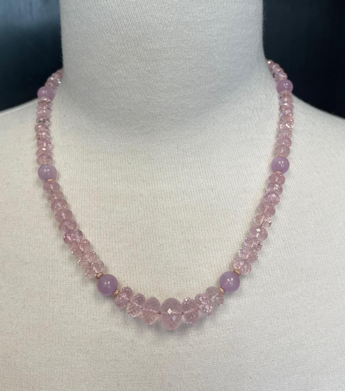 Women's Rose Quartz and Kunzite Beaded Necklace with Rose Gold Accents For Sale