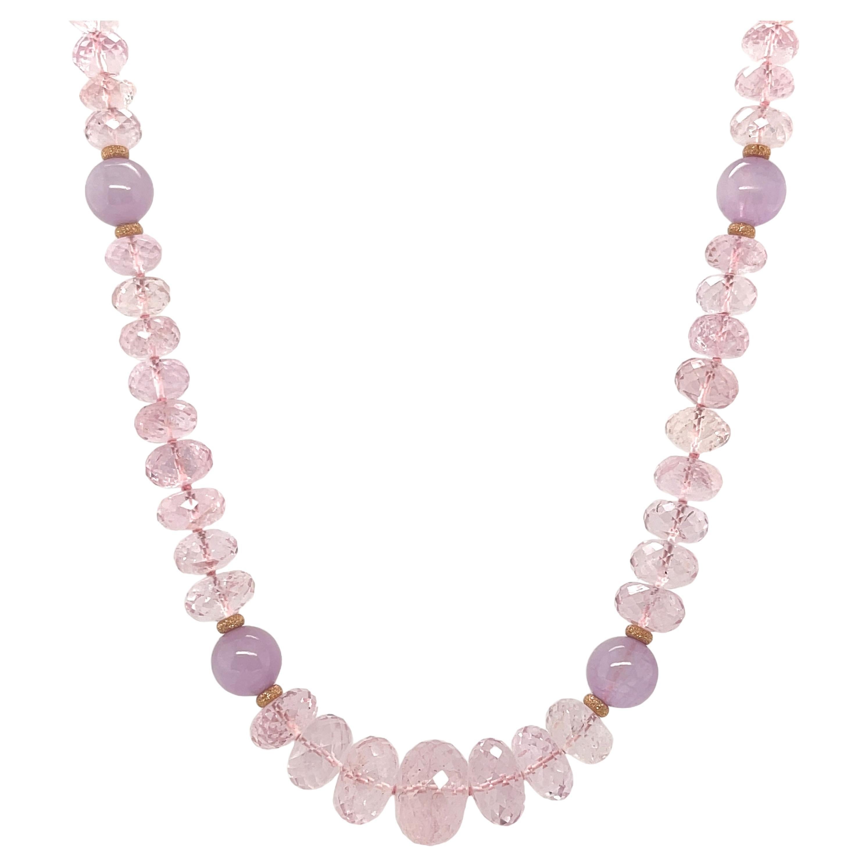 Rose Quartz and Kunzite Beaded Necklace with Rose Gold Accents For Sale