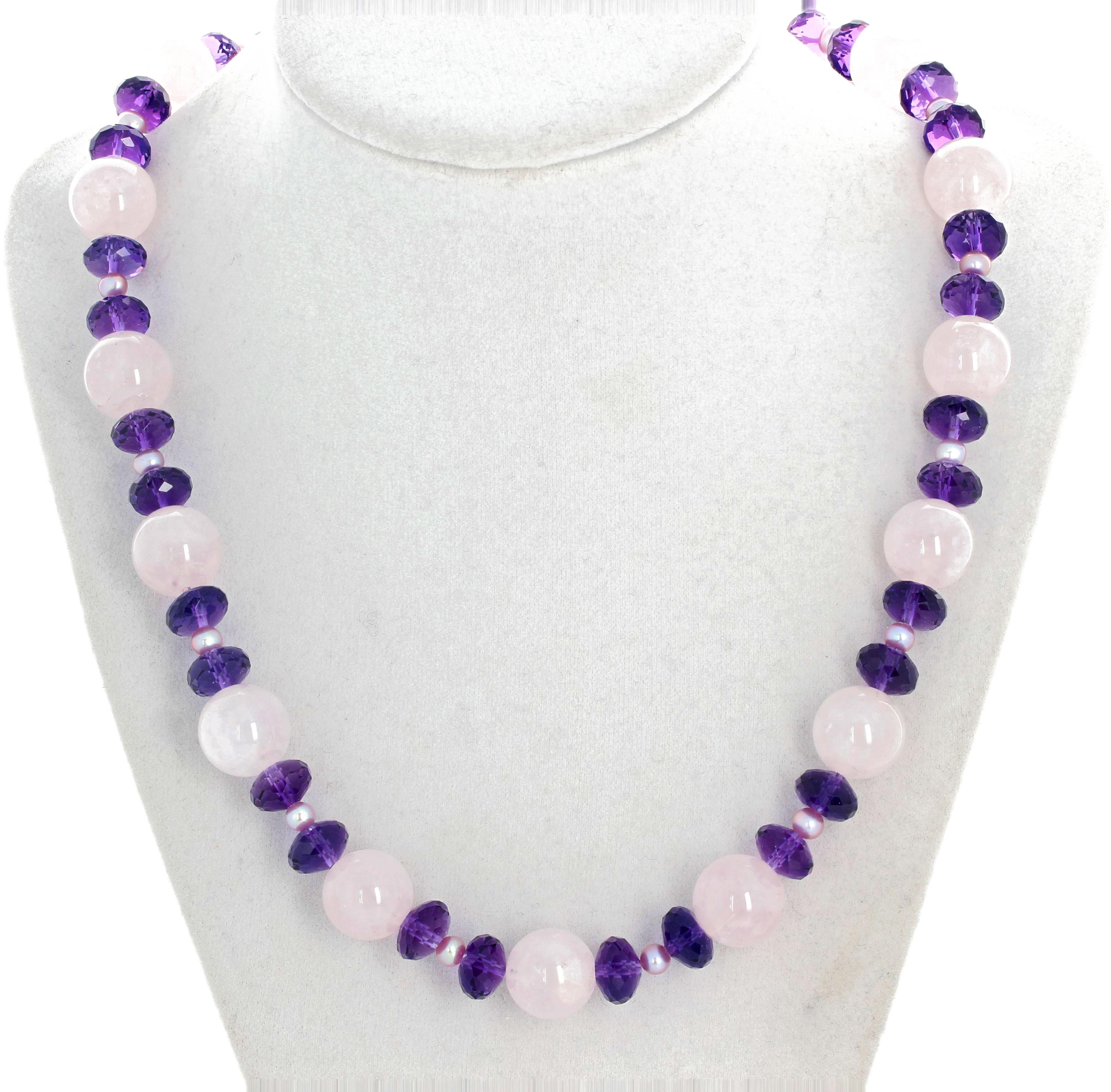 AJD Sophisticated Rose Quartz & Pearl & Large Gem Cut Amethysts Necklace In New Condition For Sale In Raleigh, NC