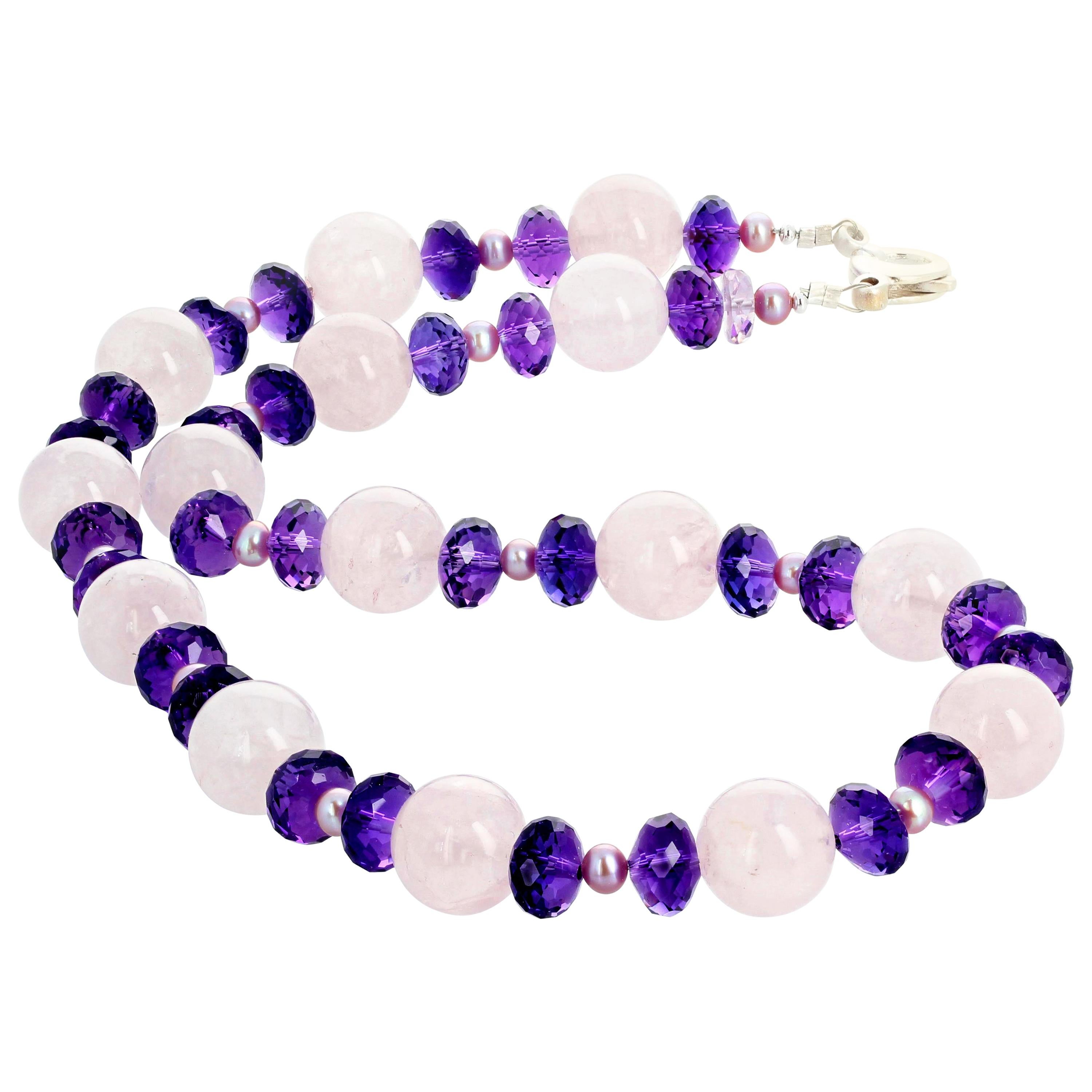 AJD Sophisticated Rose Quartz & Pearl & Large Gem Cut Amethysts Necklace For Sale