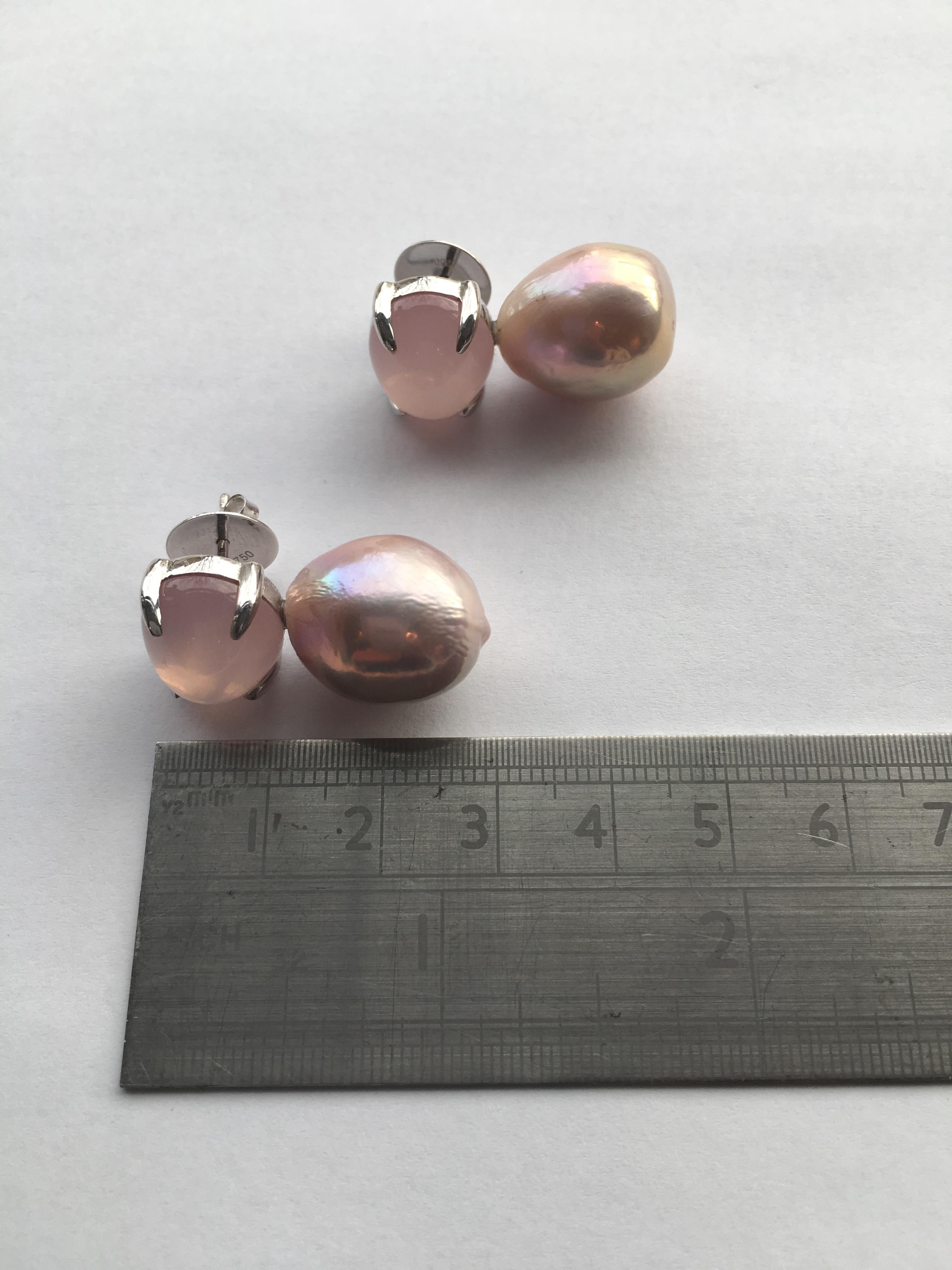 Contemporary Rose Quartz and Pink Pearl Baroque Earrings in 18 Karat White Gold For Sale