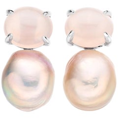 Rose Quartz and Pink Pearl Baroque Earrings in 18 Karat White Gold