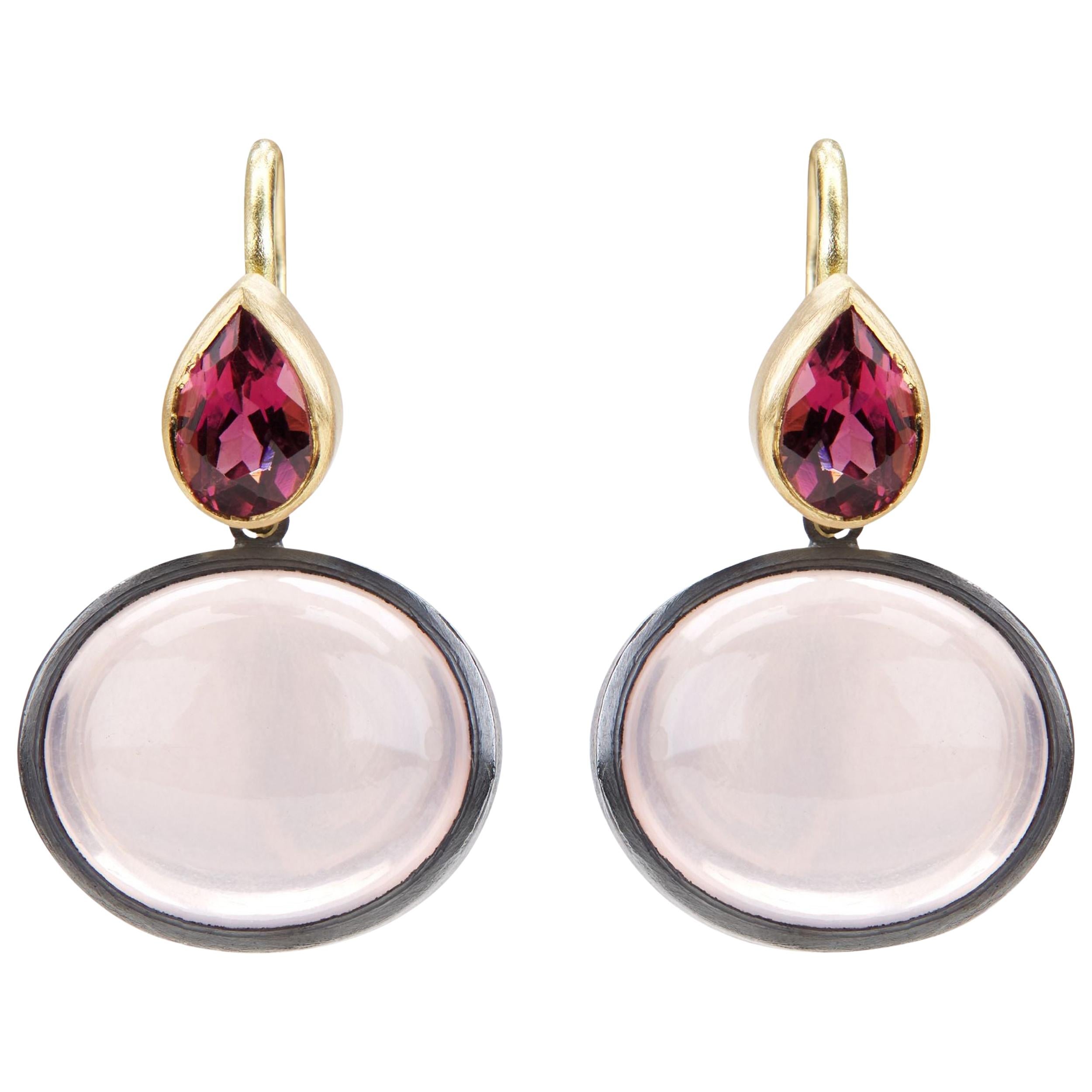 Rose Quartz and Rhodolite Garnet 18K Gold and Oxidised Sterling Silver Earrings For Sale