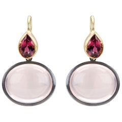 Boucles d'oreilles en or 18 carats et argent sterling oxydé avec quartz rose et grenat rhodolite