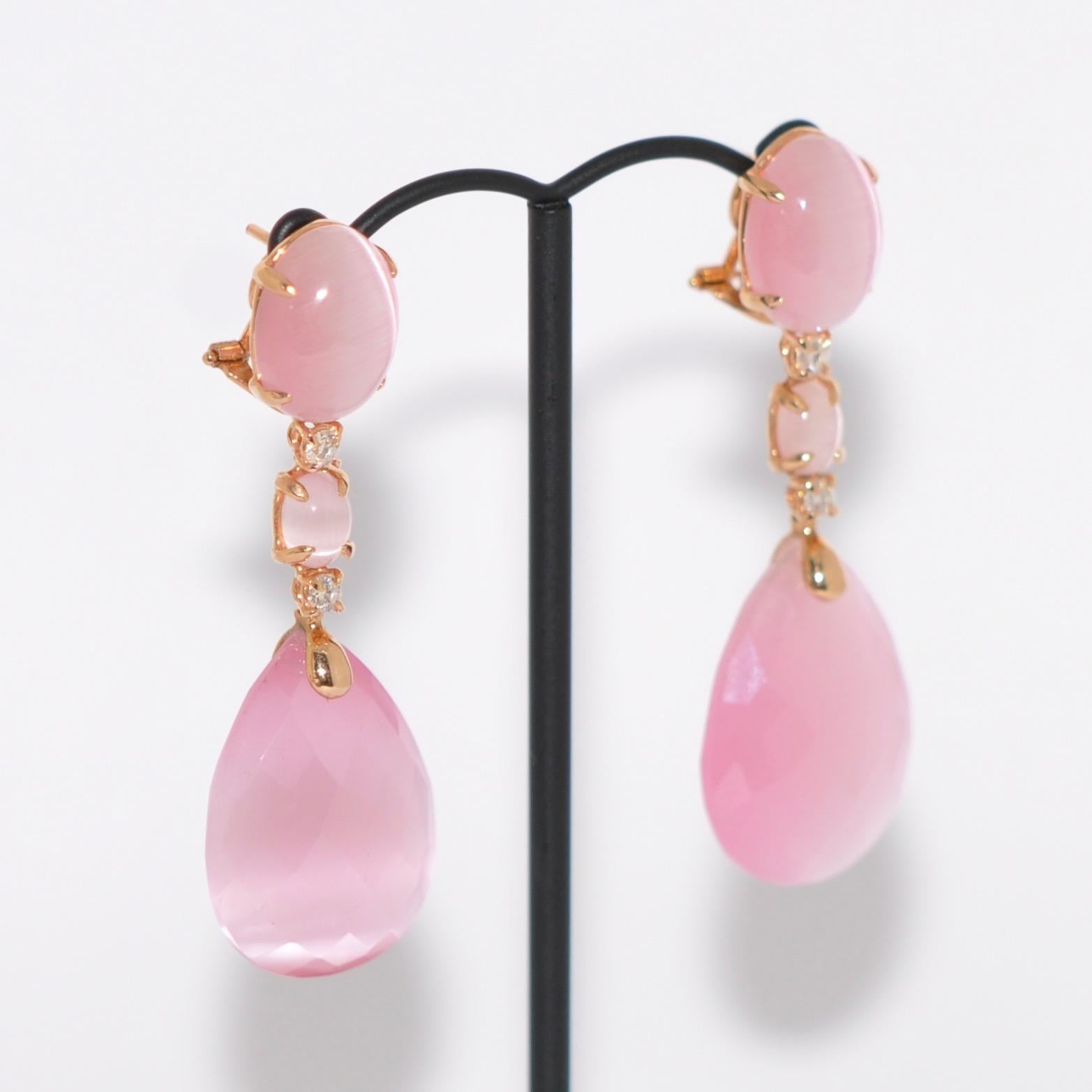 Rose Quartz and White Diamond on Rose Gold 18 Karat Chandelier Earrings In New Condition In Vannes, FR
