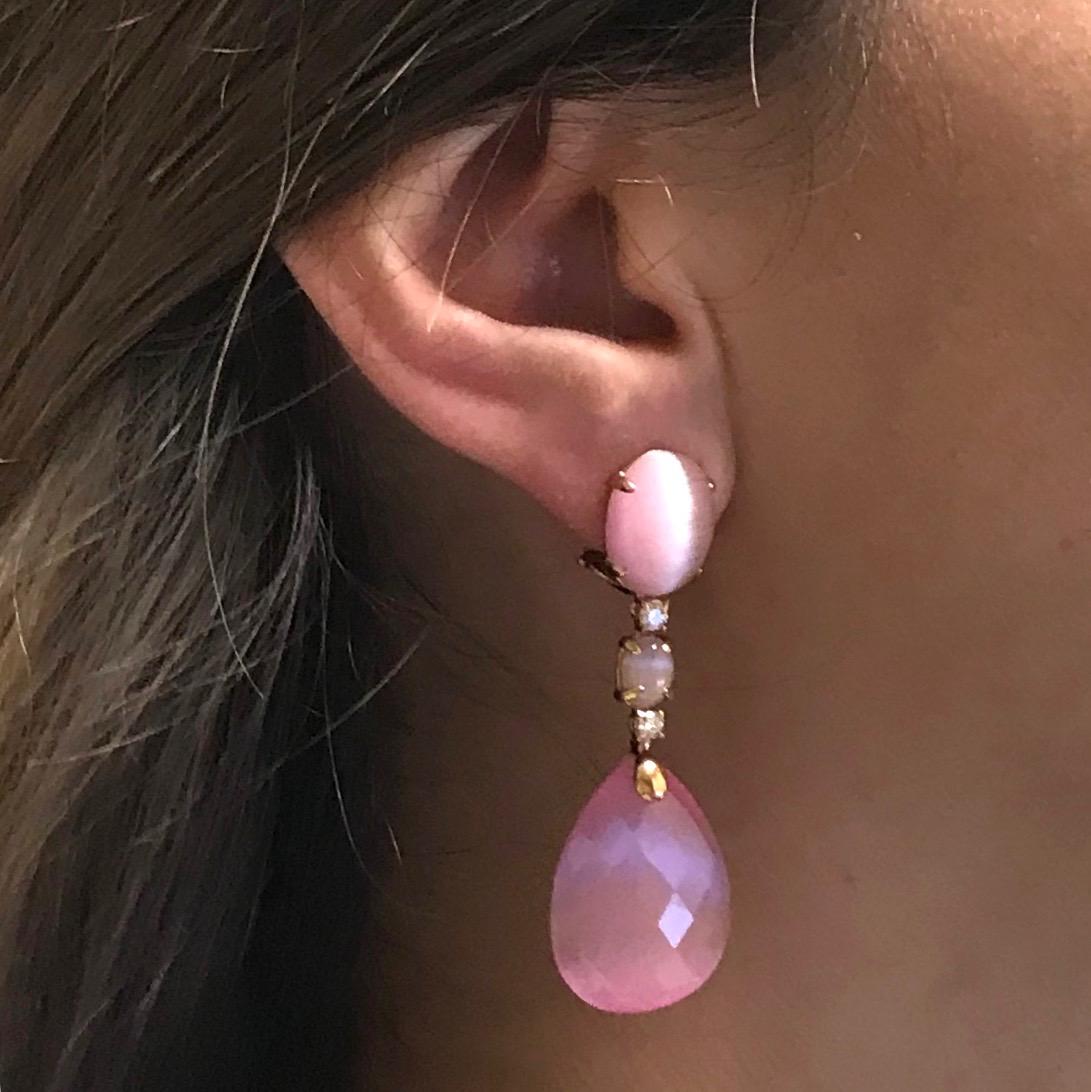 Rose Quartz and White Diamond on Rose Gold 18 Karat Chandelier Earrings 1