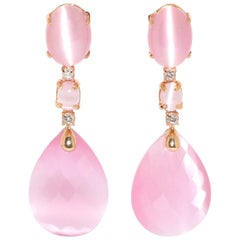 Rose Quartz and White Diamond on Rose Gold 18 Karat Chandelier Earrings