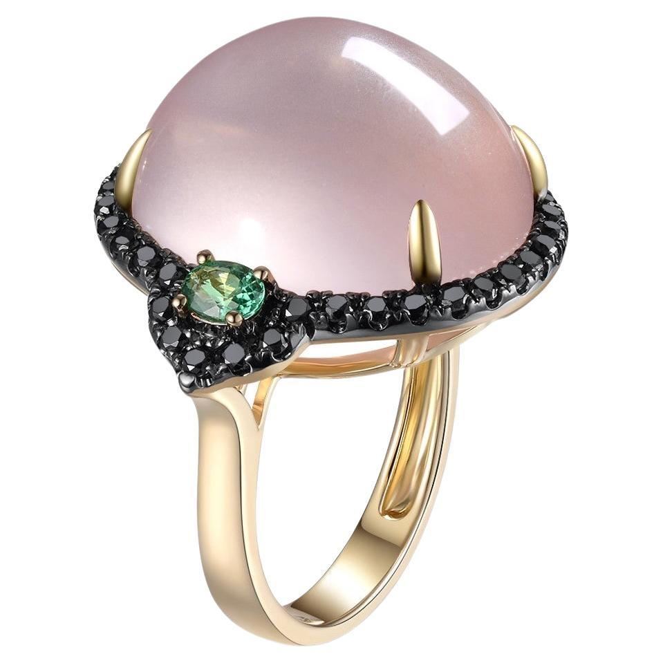 Unveiling an enchanting fusion of elegance and allure: a captivating ring designed around a breathtakingly large oval rose quartz weighing 21.48 carats. The sheer size and delicate hue of the rose quartz make it a centerpiece worthy of