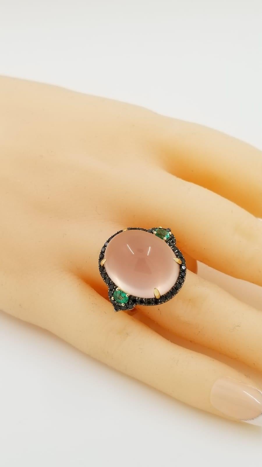 Contemporary Rose Quartz Black Diamonds and Emerald in 14kt Yellow Gold Cocktail Ring For Sale