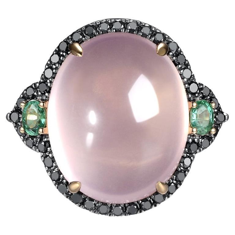 Rose Quartz Black Diamonds and Emerald in 14kt Yellow Gold Cocktail Ring For Sale