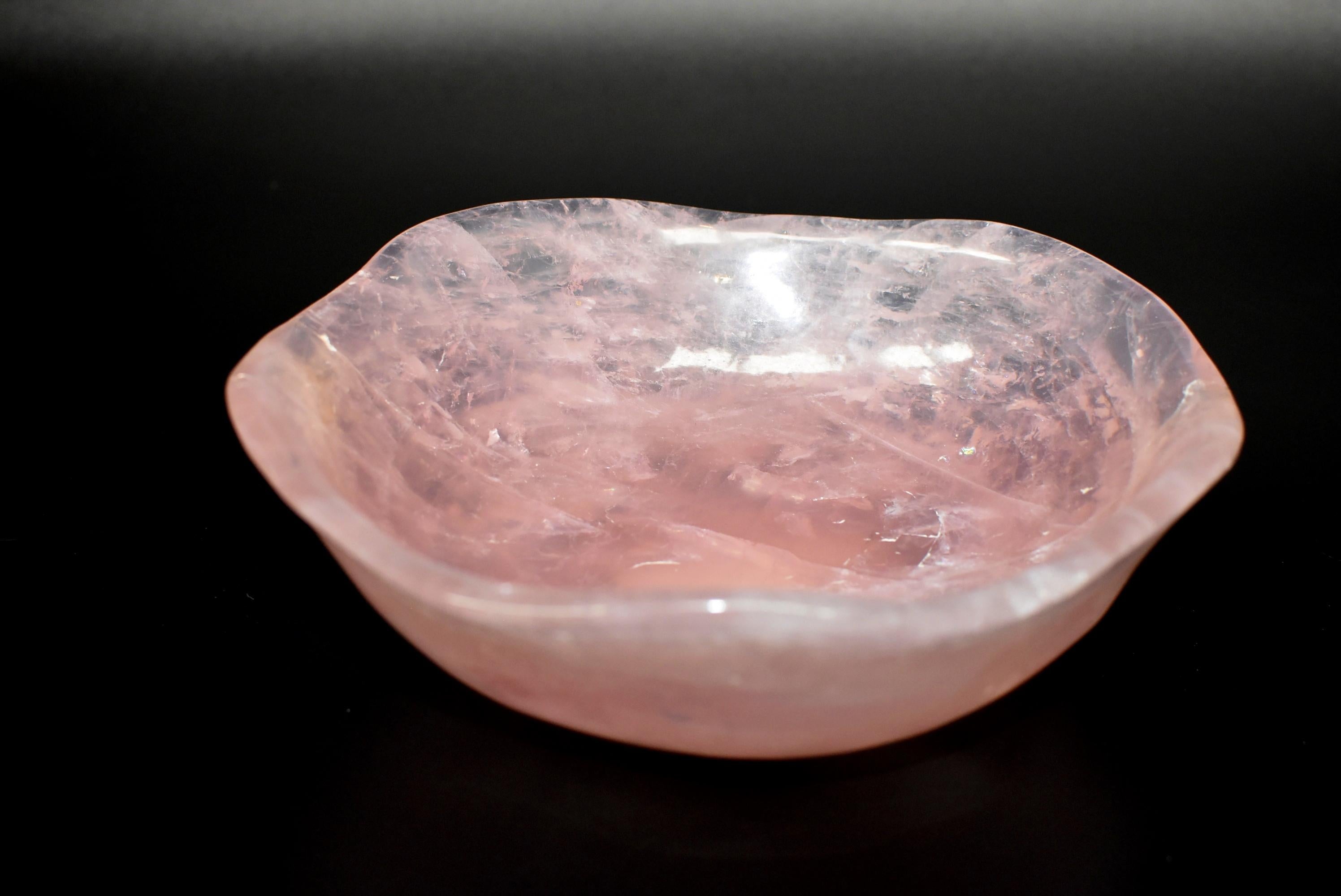 A beautiful extra large natural rose quartz bowl. Perfectly smooth with organic free flow edges. Fantastic translucency. Gorgeous pale pink color. Rose quartz attracts love and maintains it. It is also used to raise self-esteem. Rose Quartz is over