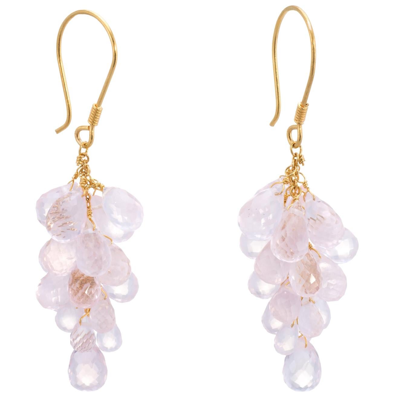 Rose Quartz Briolette Drop Earrings Estate 18 Karat Gold Vintage Fine Jewelry