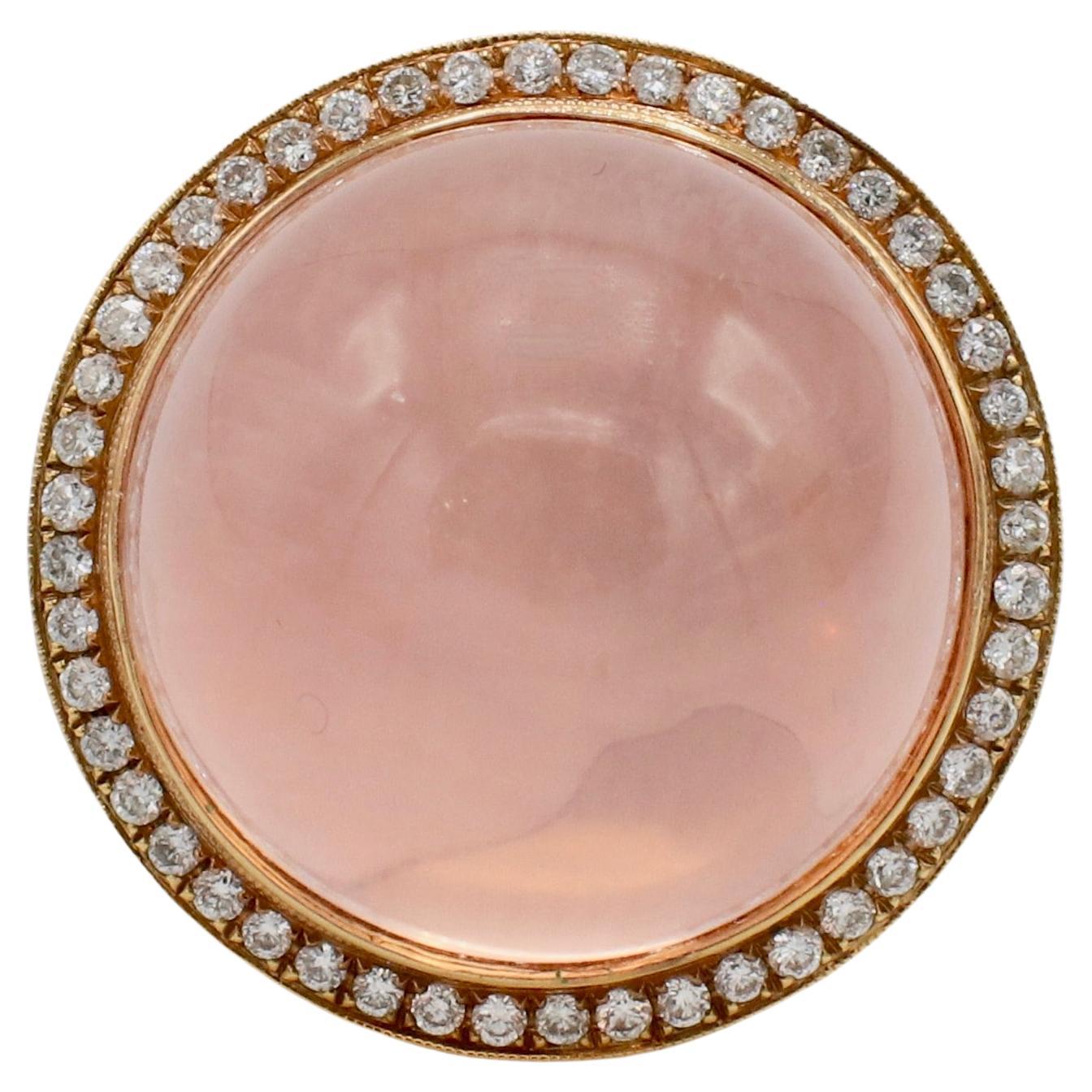 Rose Quartz Cabochon & Natural Diamond Halo Cocktail Dome Ring 18 Karat Gold For Sale