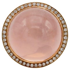 Rose Quartz Cabochon & Natural Diamond Halo Cocktail Dome Ring 18 Karat Gold