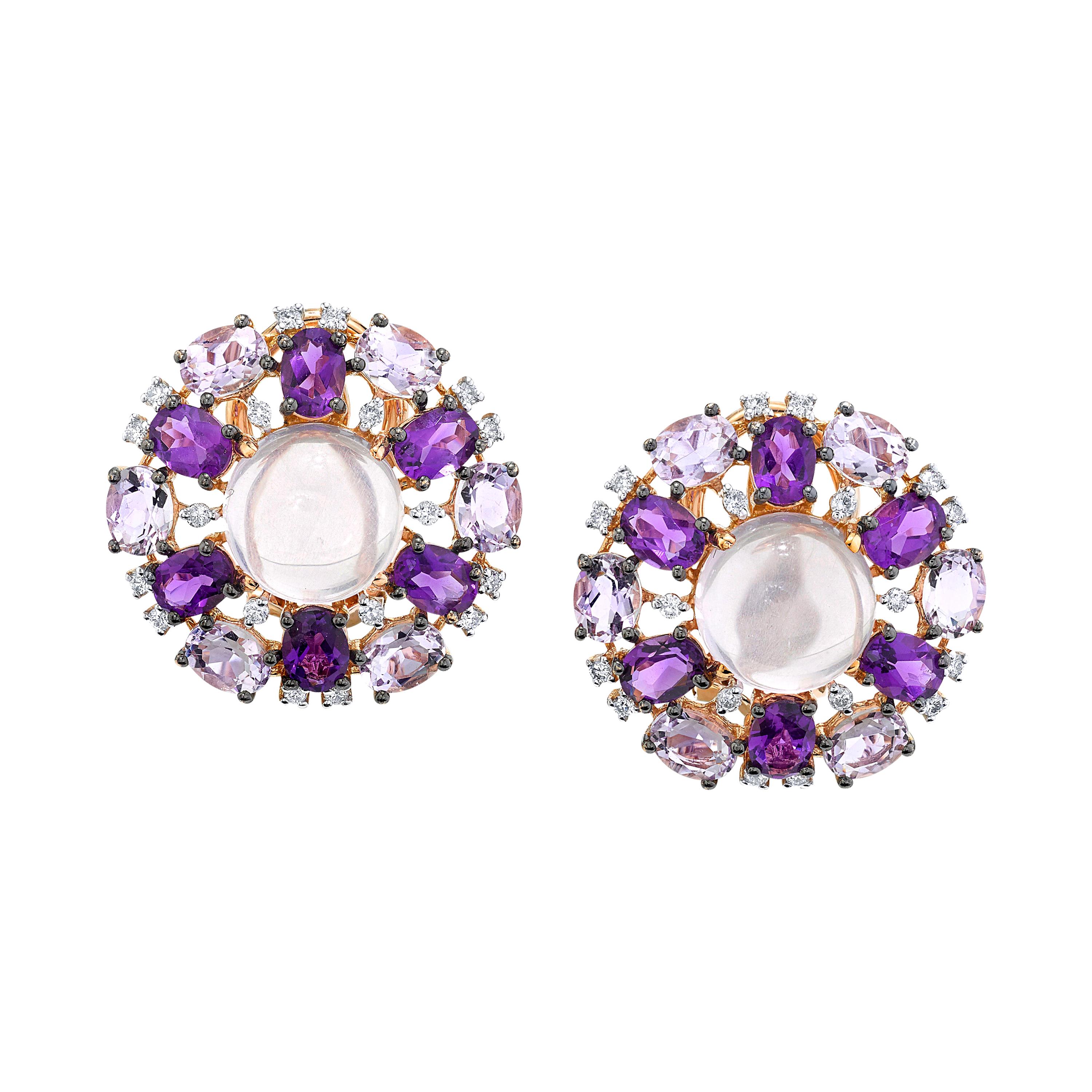 Rose Quartz, Rose de France Amethyst and Diamond Earrings in 14K Rose Gold For Sale