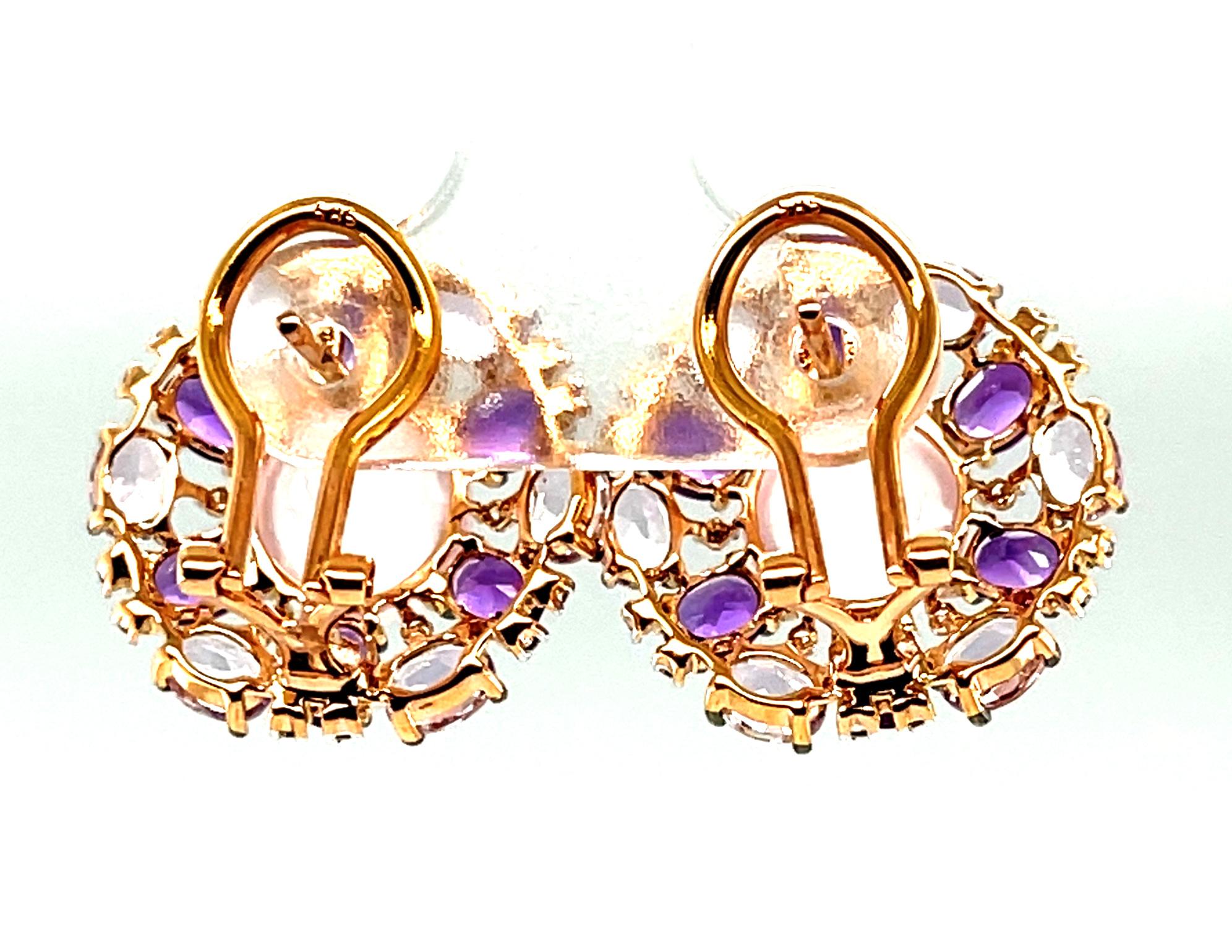 Rose Quartz, Rose de France Amethyst and Diamond Earrings in 14K Rose Gold In New Condition For Sale In Los Angeles, CA