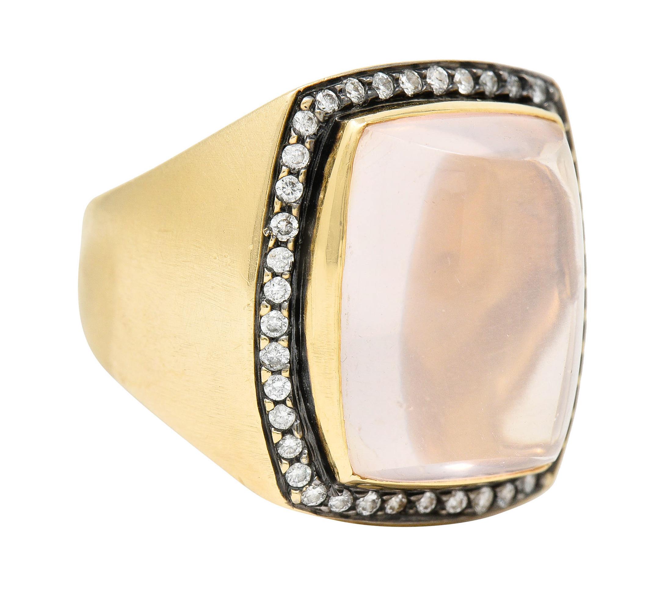 Contemporary Rose Quartz Cabochon Diamond 14 Karat Yellow Gold Gemstone Cocktail Ring