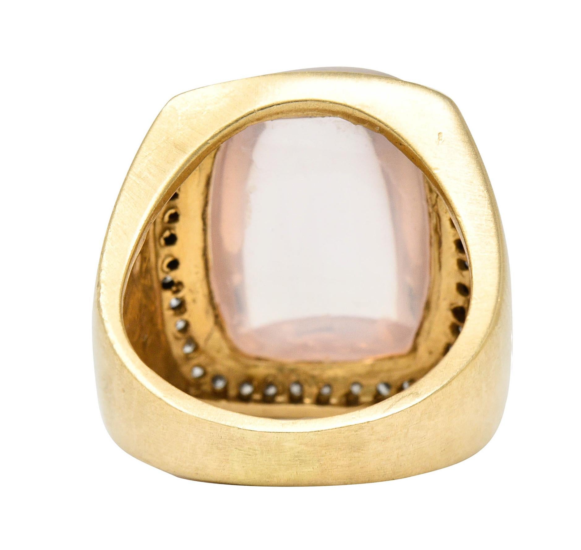 Rose Quartz Cabochon Diamond 14 Karat Yellow Gold Gemstone Cocktail Ring In Excellent Condition In Philadelphia, PA