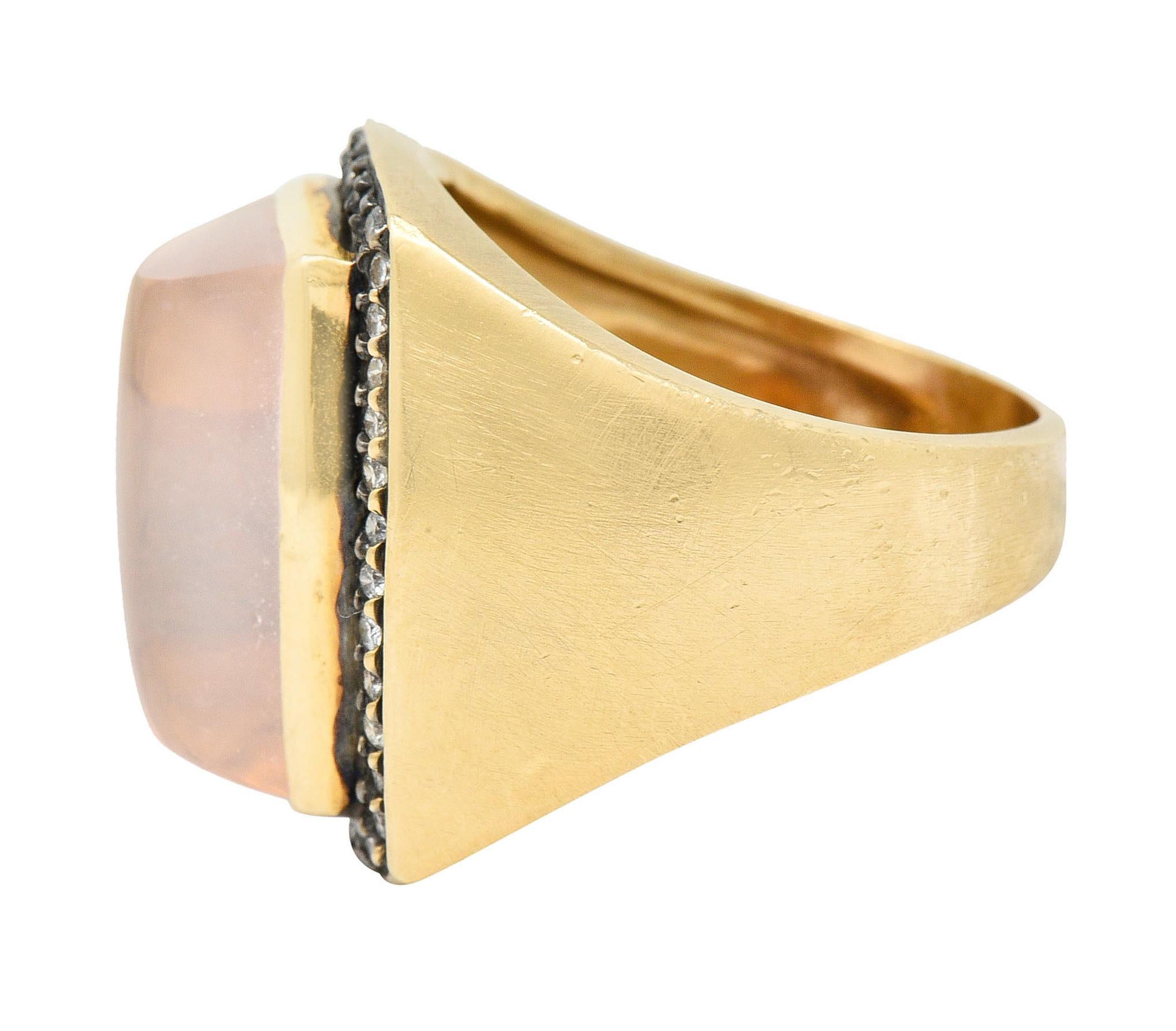 Women's or Men's Rose Quartz Cabochon Diamond 14 Karat Yellow Gold Gemstone Cocktail Ring