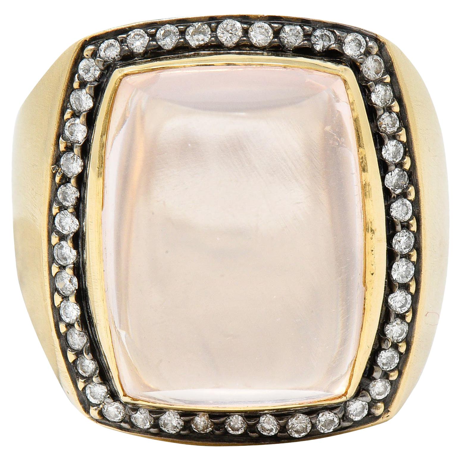 Rose Quartz Cabochon Diamond 14 Karat Yellow Gold Gemstone Cocktail Ring
