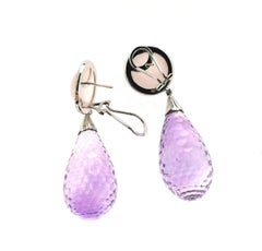 Rose Quartz Cabochon, Faceted Amethyst, Diamonds and 18k White Gold Earrings
