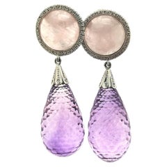 Rose Quartz Cabochon, Faceted Amethyst, Diamonds and 18k White Gold Earrings