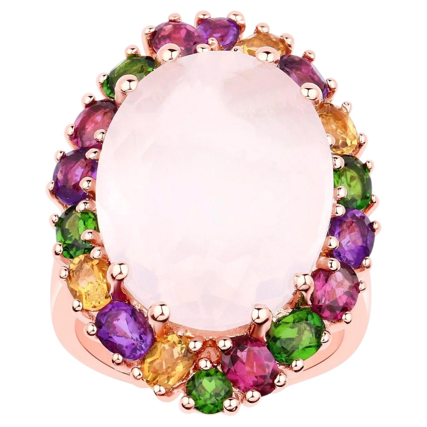 Bague Cocktail Quartz Rose Améthyste Citrine Rhodolite Diopside Plaqué Or Argent
