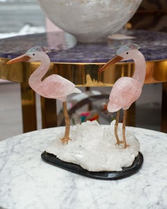 Rose Quartz Crane Pair Sculpture on Rock Crystal and Black Marble Mineral Base