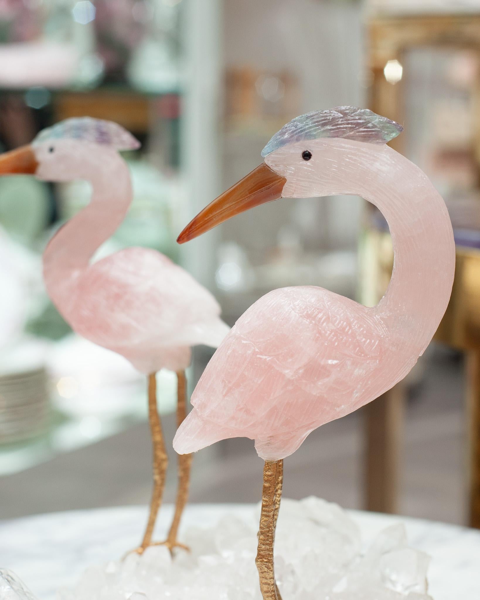 Rose Quartz Crane Pair Sculpture on Rock Crystal and Black Marble Mineral Base In New Condition For Sale In Toronto, ON