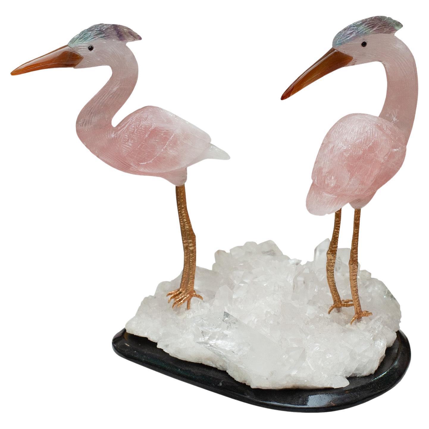 Rose Quartz Crane Pair Sculpture on Rock Crystal and Black Marble Mineral Base For Sale