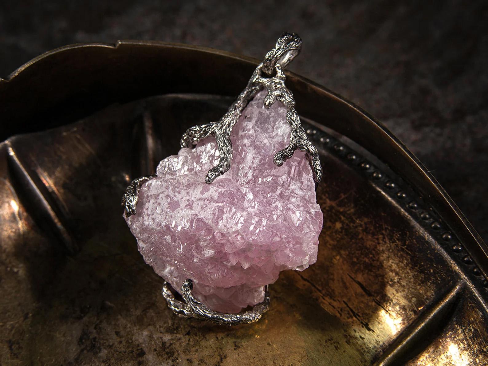 Rose Quartz Crystal Silver Pendant Large Natural Brazilian Raw Gemstone In New Condition For Sale In Berlin, DE
