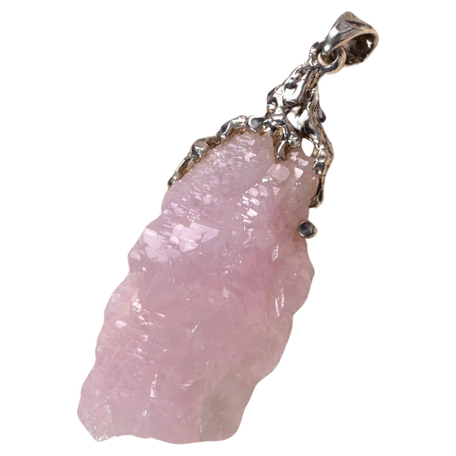 Rose Quartz Crystal Silver Pendant Pale Pink Raw Uncut Brazilian Gemstone  For Sale