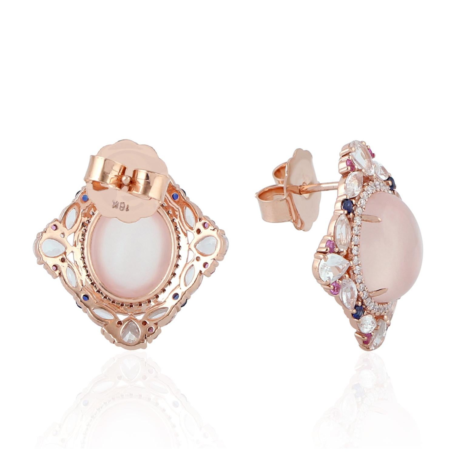 Contemporary Rose Quartz Diamond 18 Karat Gold Stud Earrings For Sale