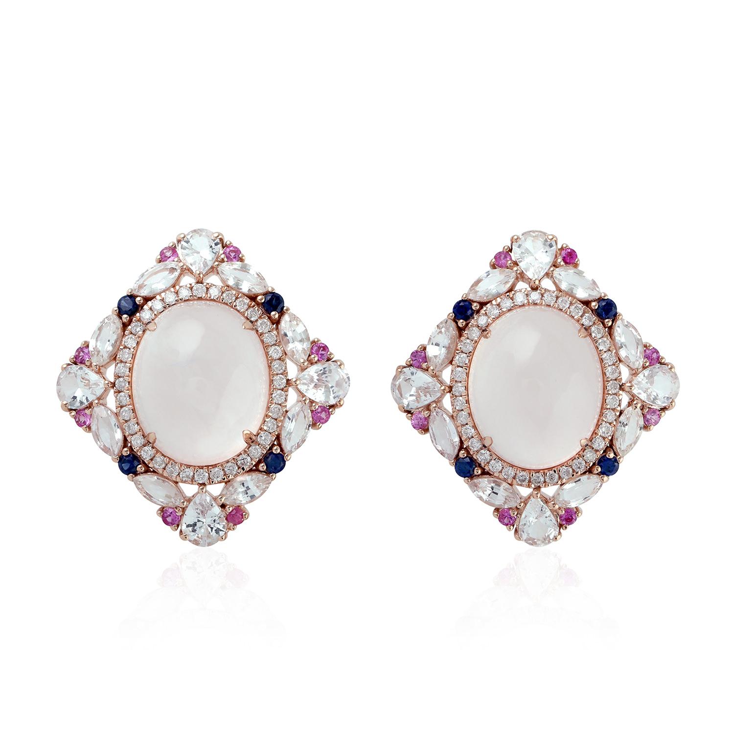 Cabochon Rose Quartz Diamond 18 Karat Gold Stud Earrings For Sale