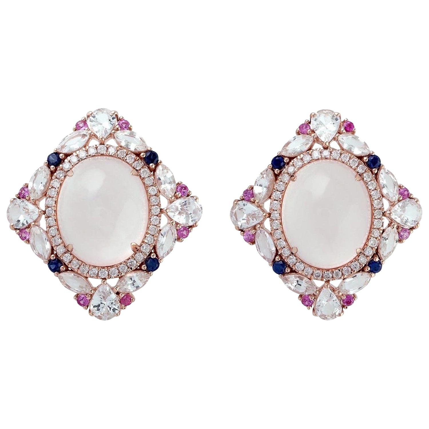 Rose Quartz Diamond 18 Karat Gold Stud Earrings For Sale