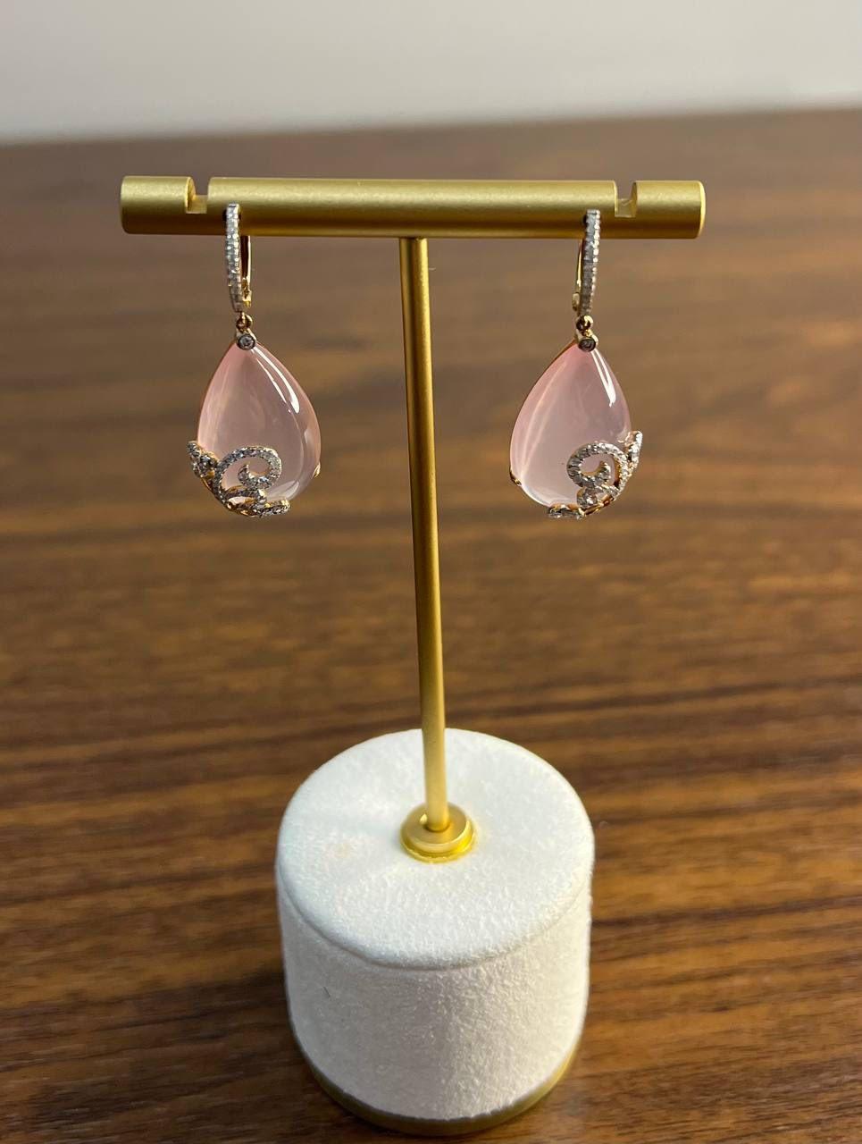 Rose Quartz Diamond 18 Karat Rose Gold Rose Theme Flowers Floral Drop Earrings In New Condition For Sale In Oakton, VA