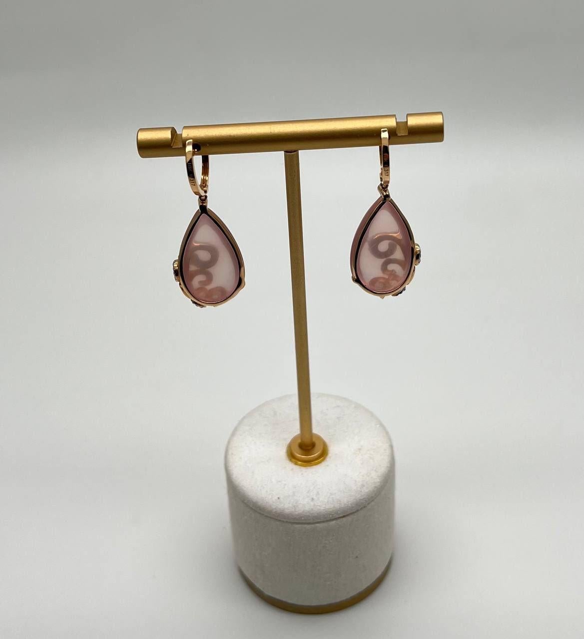 Women's Rose Quartz Diamond 18 Karat Rose Gold Rose Theme Flowers Floral Drop Earrings For Sale