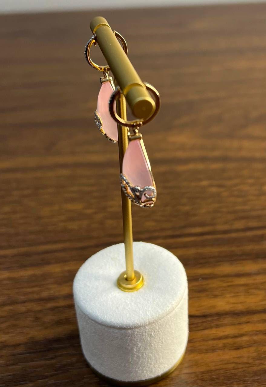 Rose Quartz Diamond 18 Karat Rose Gold Rose Theme Flowers Floral Drop Earrings For Sale 1