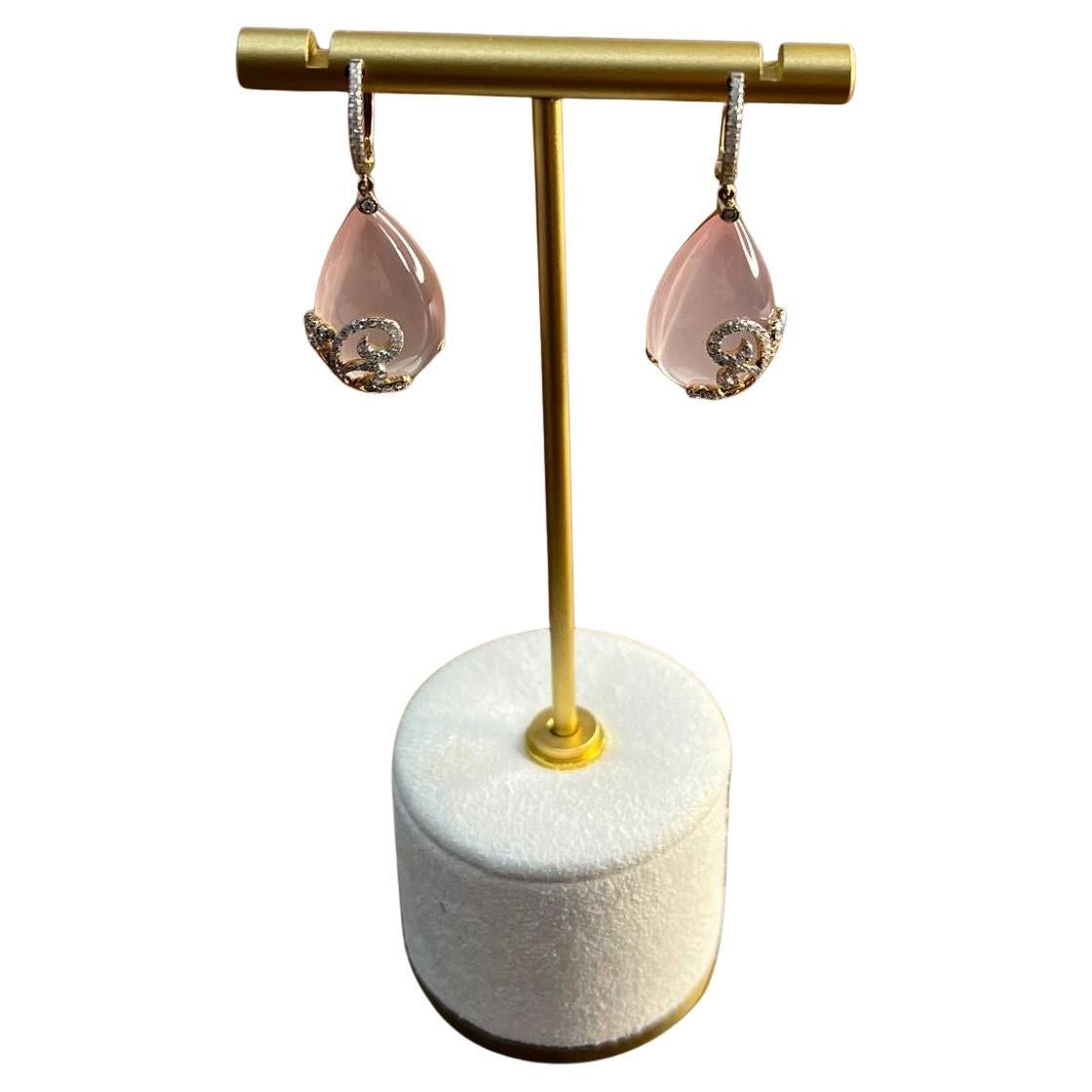 Rose Quartz Diamond 18 Karat Rose Gold Rose Theme Flowers Floral Drop Earrings
