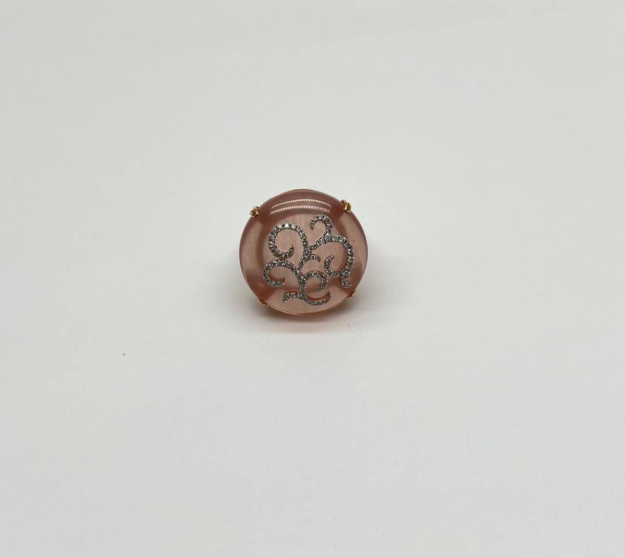 Contemporary Rose Quartz Diamond 18 Karat Rose Gold Rose Theme Flowers Floral Statement Ring For Sale