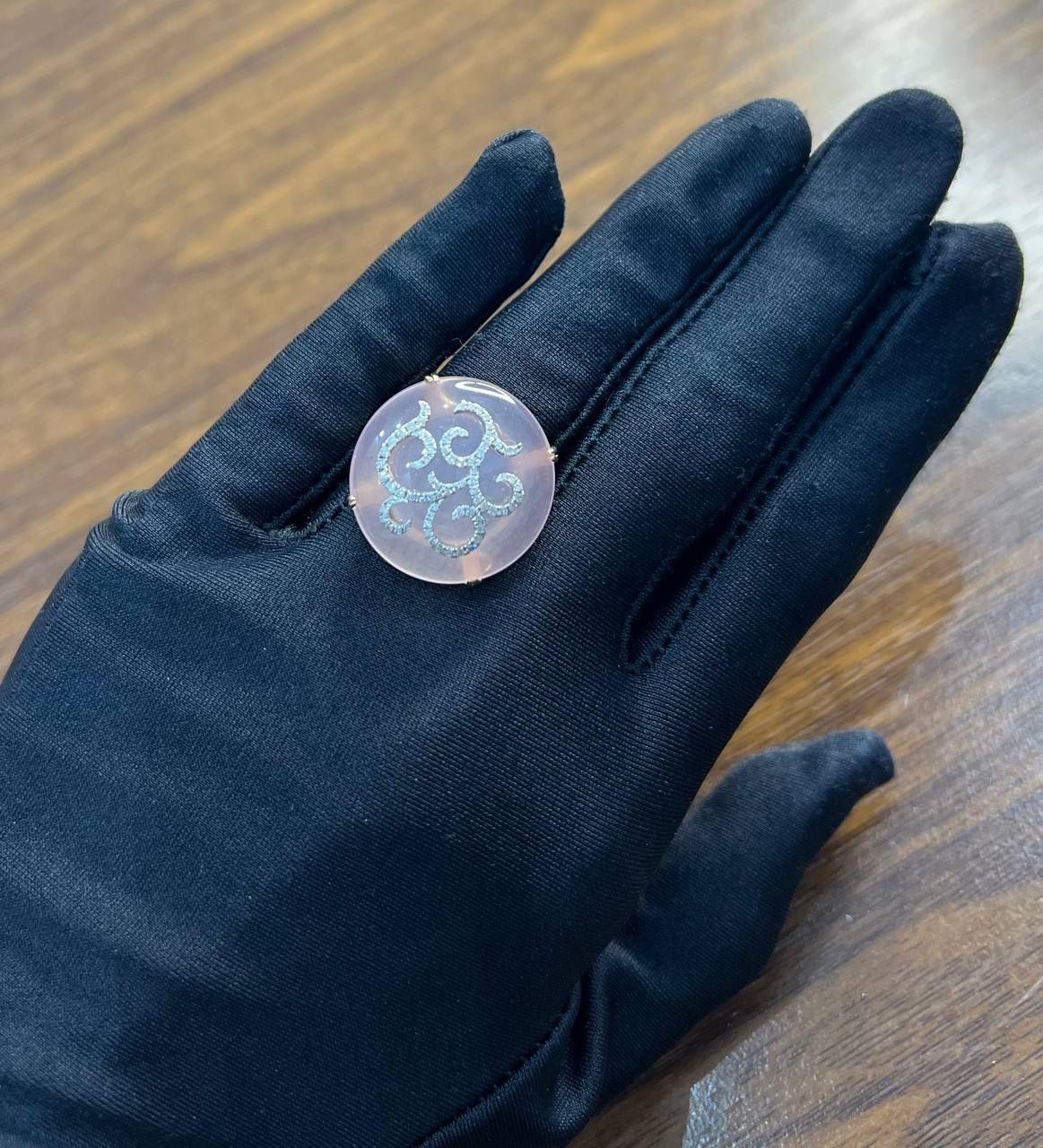 Round Cut Rose Quartz Diamond 18 Karat Rose Gold Rose Theme Flowers Floral Statement Ring For Sale