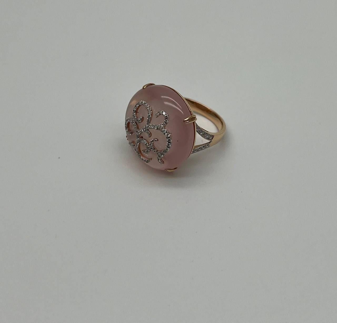 Women's Rose Quartz Diamond 18 Karat Rose Gold Rose Theme Flowers Floral Statement Ring For Sale