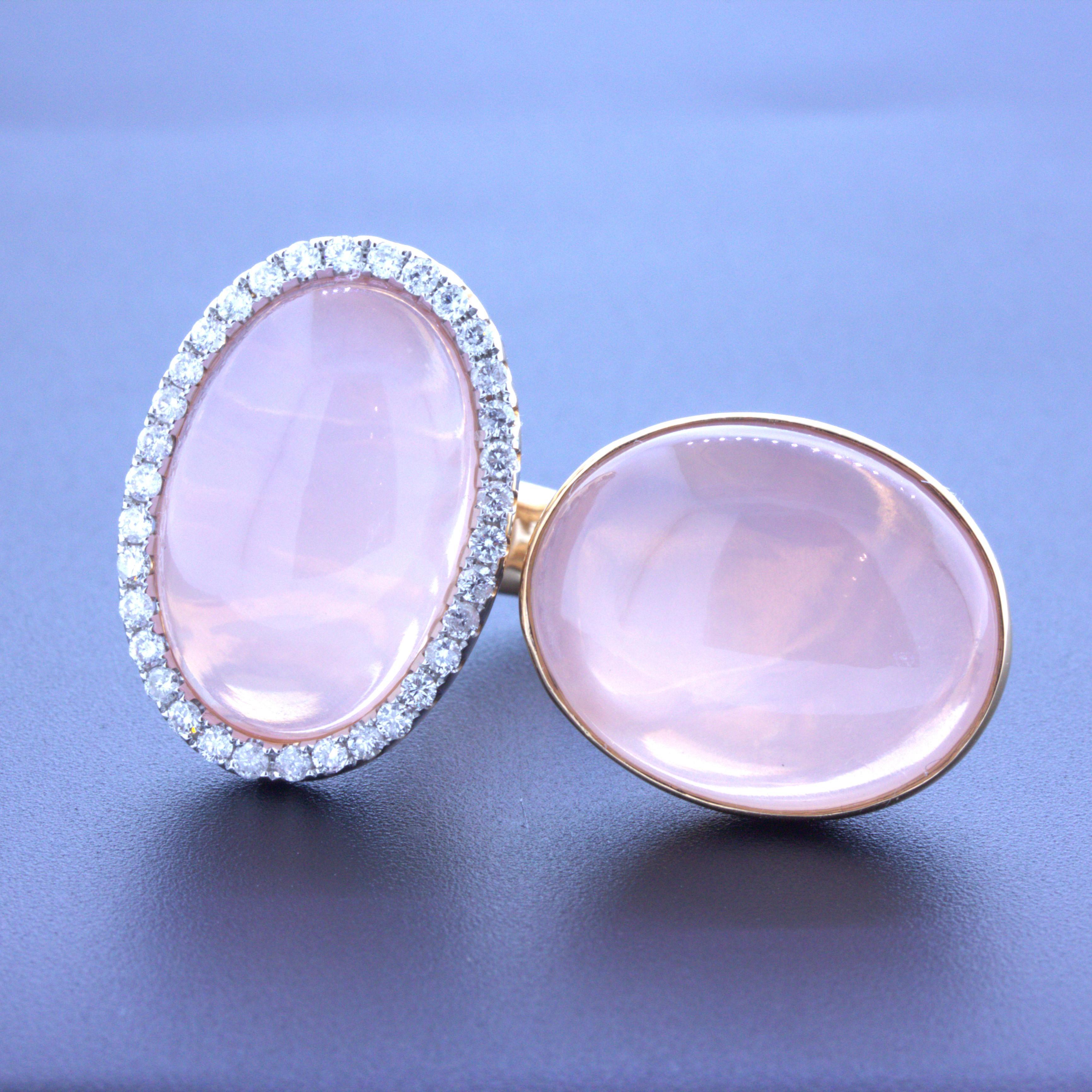 Cabochon Rose Quartz Diamond 18k Rose Gold Ring For Sale