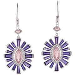 Rose Quartz, Diamond and Iolite Earrings in 18 Karat White Gold