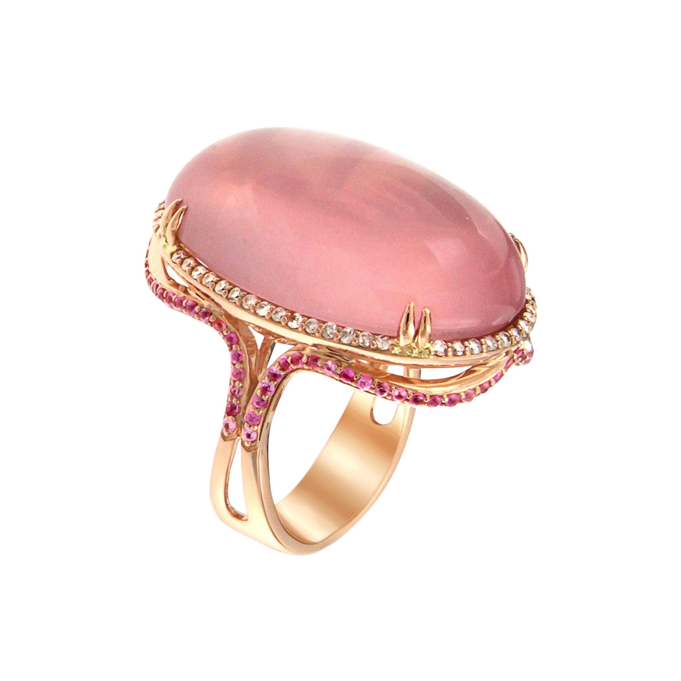 Rose Quartz Diamond and Pink Sapphire Ring 18k Rose Gold For Sale
