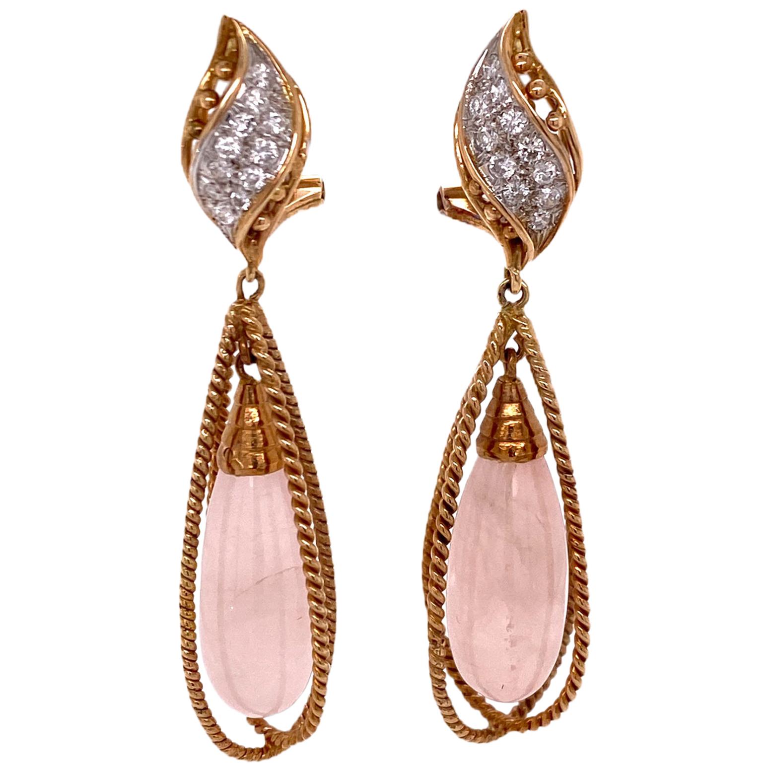 Rose Quartz Diamond Drop Yellow Gold Earrings