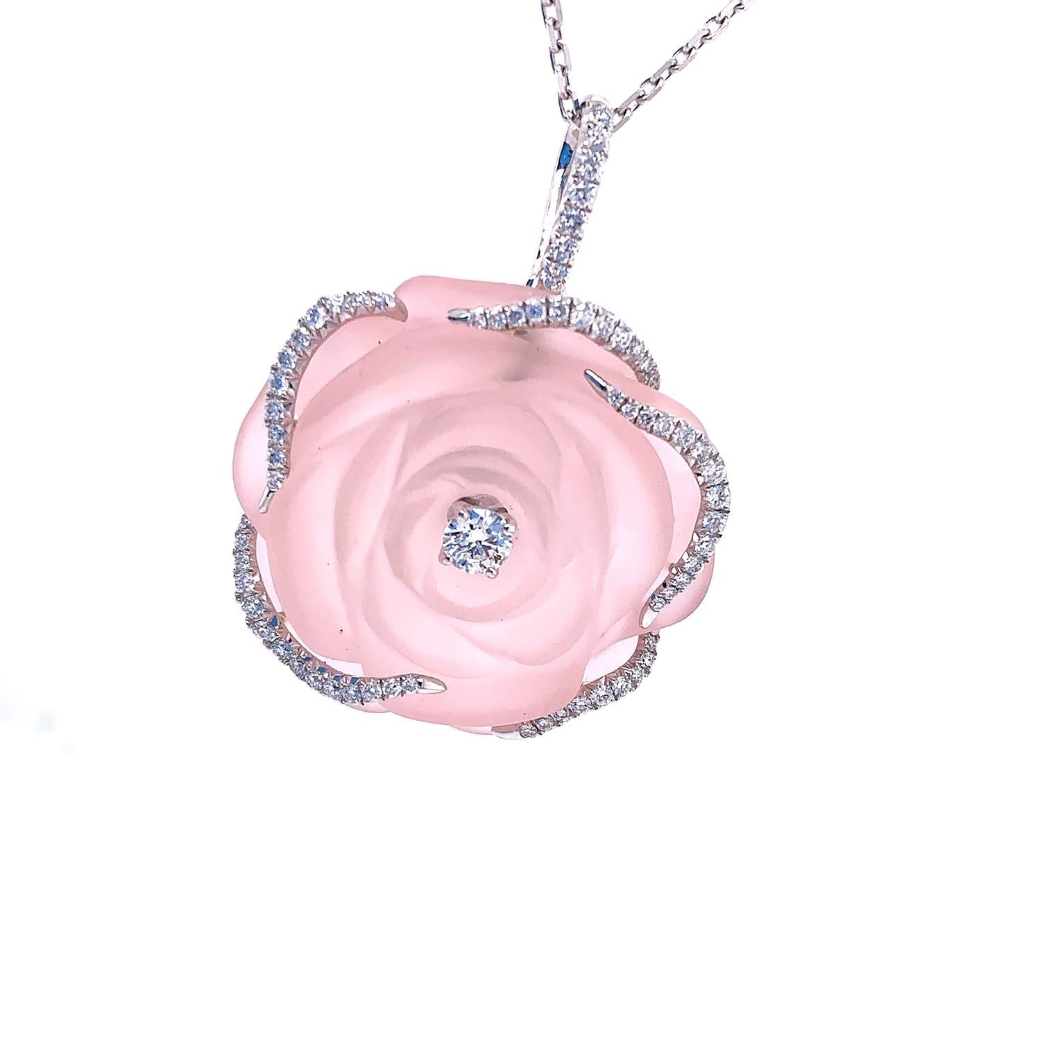 Contemporary Rose Quartz and Diamond Pendant For Sale