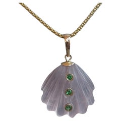 Rose Quartz Shell Pendant with Emeralds 14k Gold Necklace
