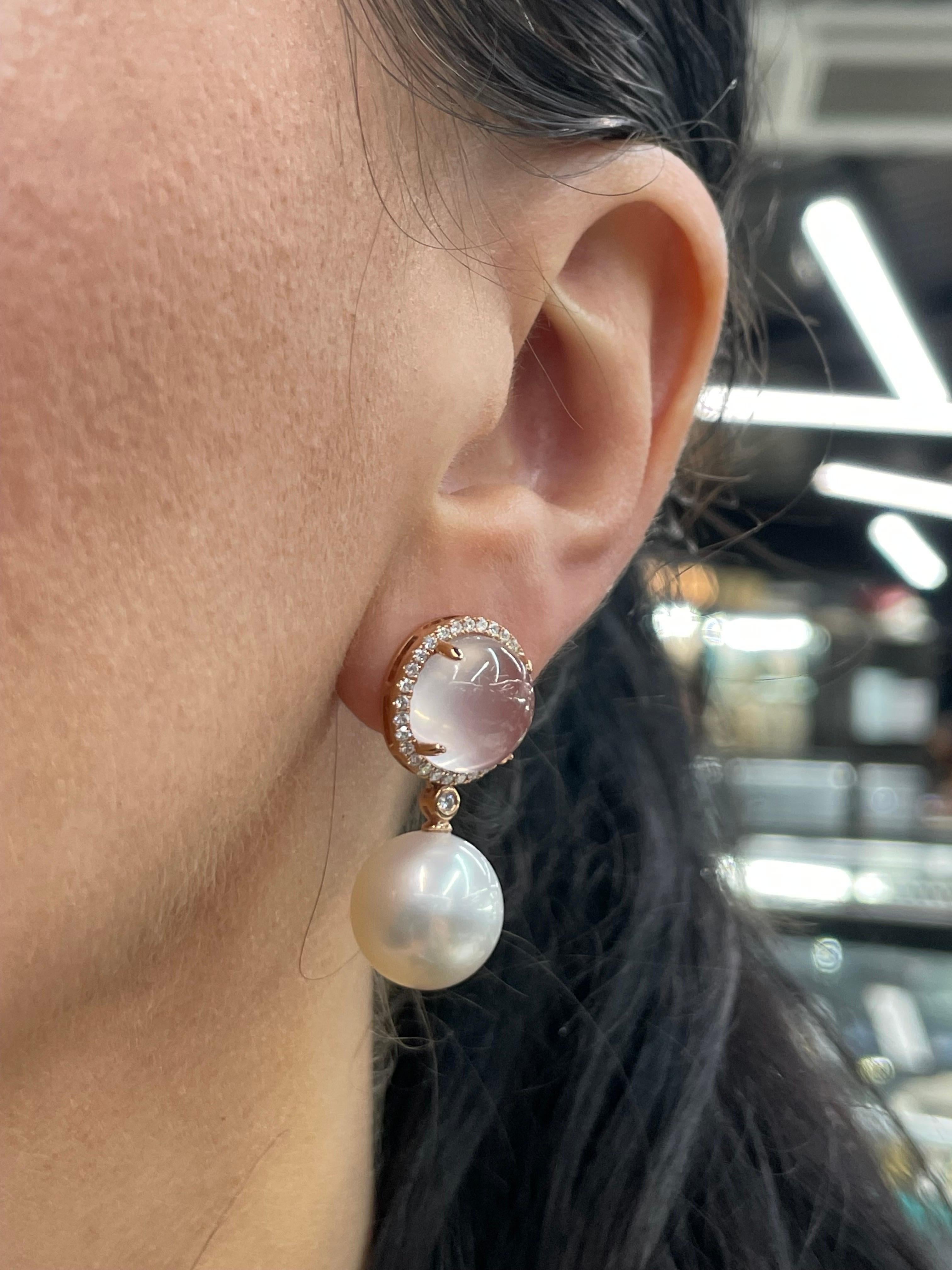 Rose Quartz Diamond South Sea Pearl Drop Earrings 12.20 Carats 18K Rose For Sale 3