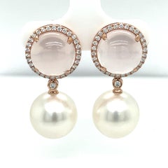 Orecchini a goccia con diamanti di quarzo rosa e perle dei mari del sud 12,20 carati 18K Rose